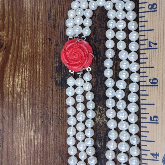 Multi Strand Pearl Necklace w/Coral Flower Clasp - Picture 6 of 8